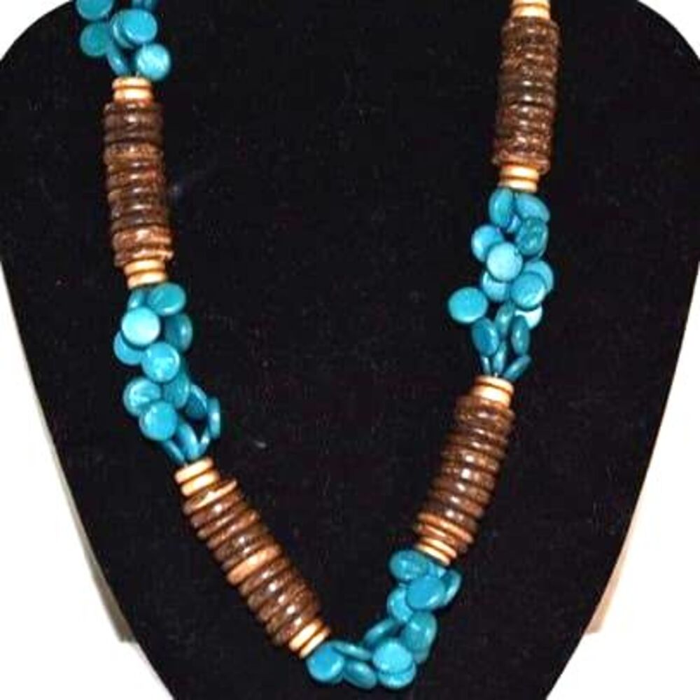 Southwestern Teal/Brown/Gold Wooden Beads Lobster Claw Clasp 22" Necklace